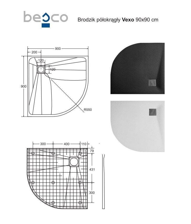 Poolringikujuline dušialus Besco Vexo, 90x90 cm цена и информация | Dušialused | hansapost.ee