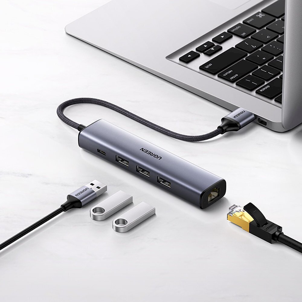 Ugreen multifunctional adapter HUB USB Type C - 3 x USB / Ethernet RJ-45 / USB Type C PD gray (CM475) hind ja info | USB adapterid ja jagajad | hansapost.ee