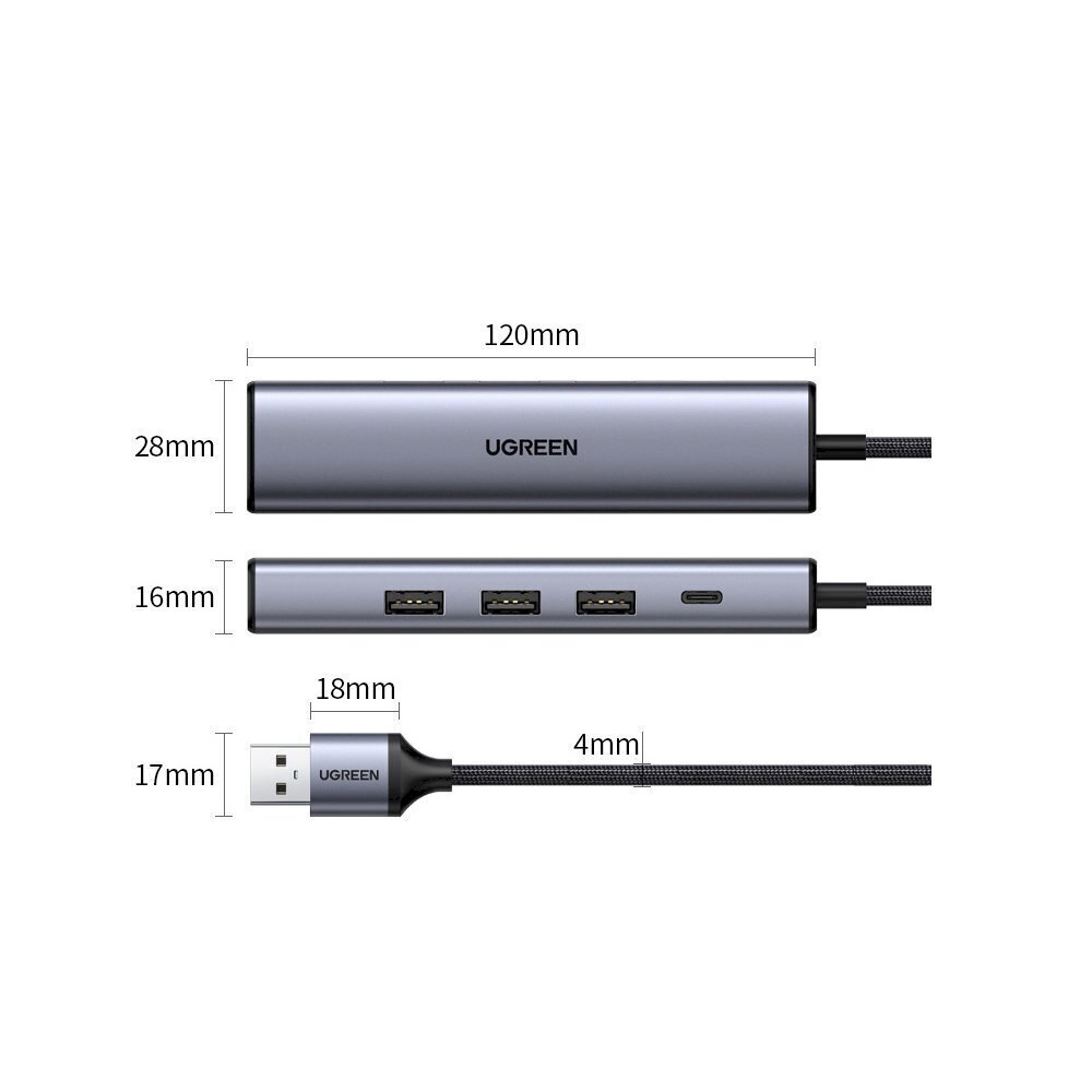 Ugreen multifunctional adapter HUB USB Type C - 3 x USB / Ethernet RJ-45 / USB Type C PD gray (CM475) hind ja info | USB adapterid ja jagajad | hansapost.ee