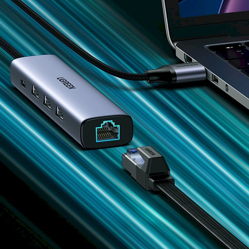 Ugreen multifunctional adapter HUB USB Type C - 3 x USB / Ethernet RJ-45 / USB Type C PD gray (CM475) hind ja info | USB adapterid ja jagajad | hansapost.ee