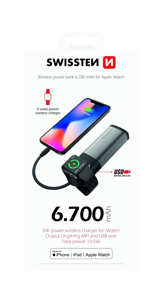 Swissten 2in1 6700 mAh Power Bank / MFi lightning cable / Apple Watch Wireless Charger / Silver hind ja info | Akupangad | hansapost.ee