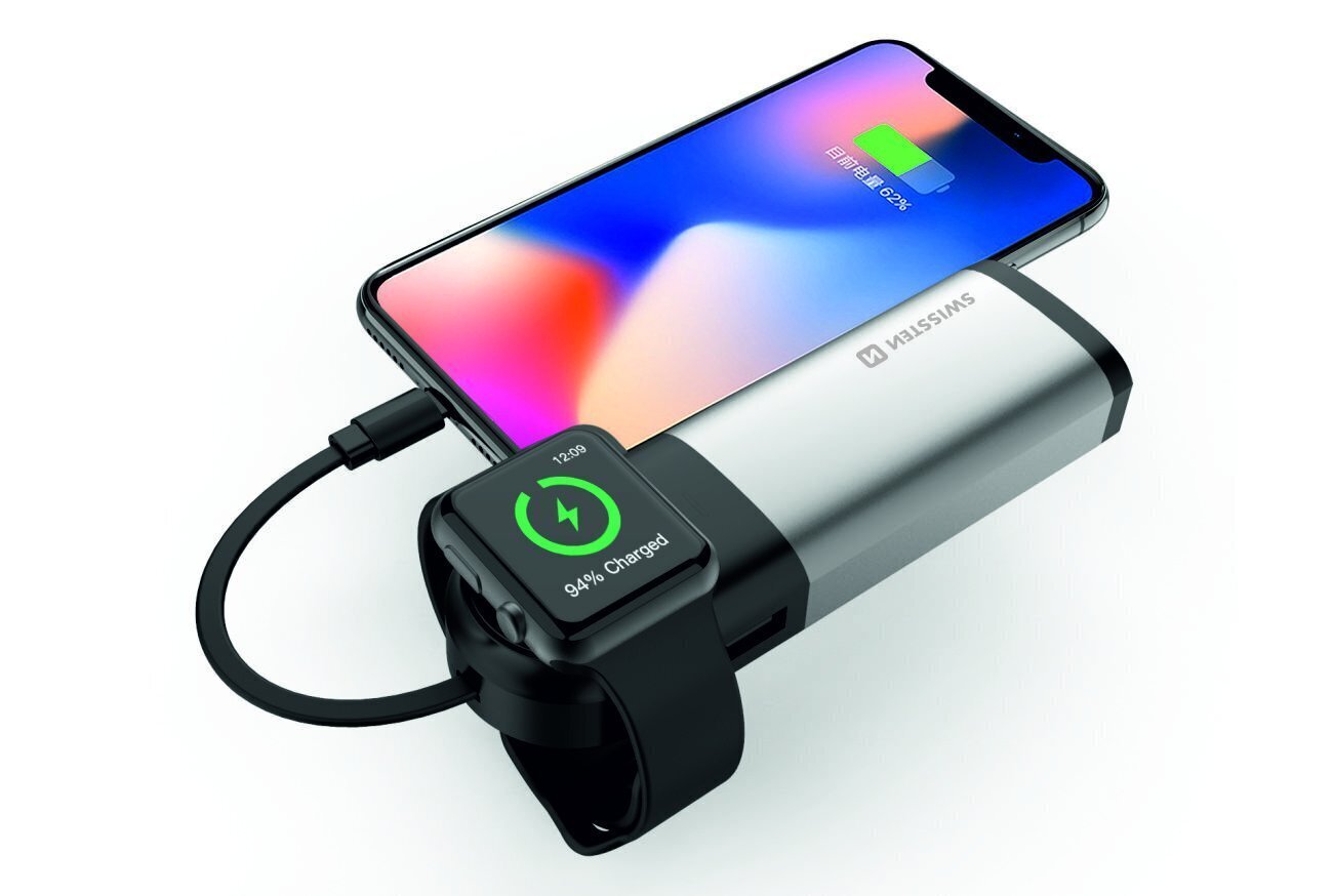 Swissten 2in1 6700 mAh Power Bank / MFi lightning cable / Apple Watch Wireless Charger / Silver цена и информация | Akupangad | hansapost.ee