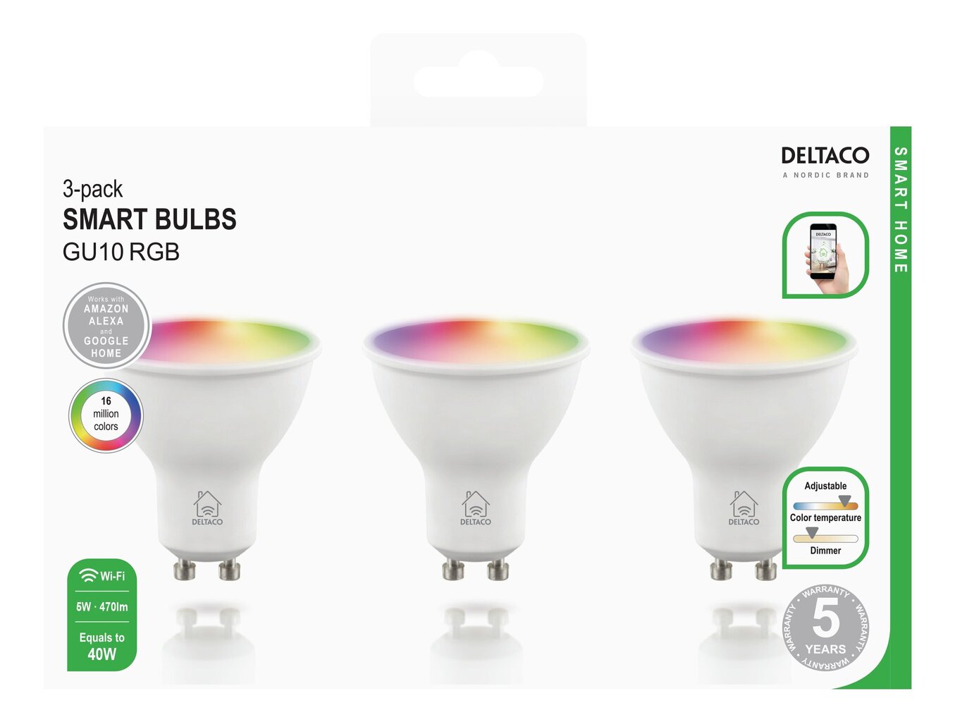 LED nutipirn DELTACO SMART HOME GU10, 5W, 470lm, 220-240V, RGB / SH-LGU10RGB-3P цена и информация | Lambipirnid ja LED-pirnid | hansapost.ee