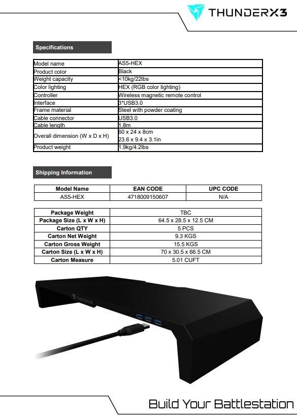 Monitorialus ThunderX3 AS5 Hex RGB / 3 x USB 3.0 / IR Remote hind ja info | Sülearvuti tarvikud | hansapost.ee