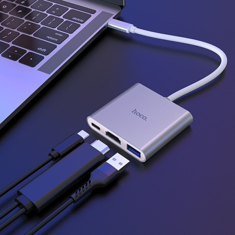 Hub adapter Hoco HB14 Type-C / USB-C kuni USB3.0 + HDMI + PD, hõbedane 3in1 цена и информация | USB adapterid ja jagajad | hansapost.ee