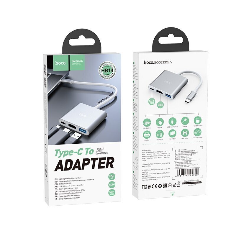 Hub adapter Hoco HB14 Type-C / USB-C kuni USB3.0 + HDMI + PD, hõbedane 3in1 цена и информация | USB adapterid ja jagajad | hansapost.ee