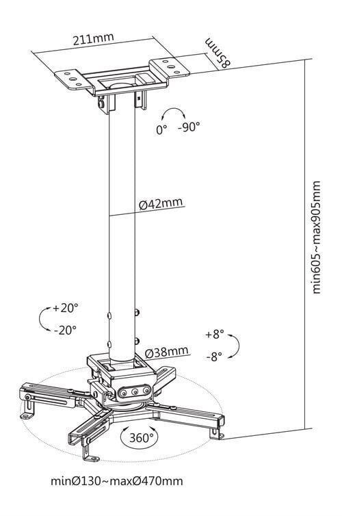 Reguleeritav laekinnitus kontoriprojektorile, 745 mm-1145 mm, 35 kg цена и информация | Projektori tarvikud | hansapost.ee