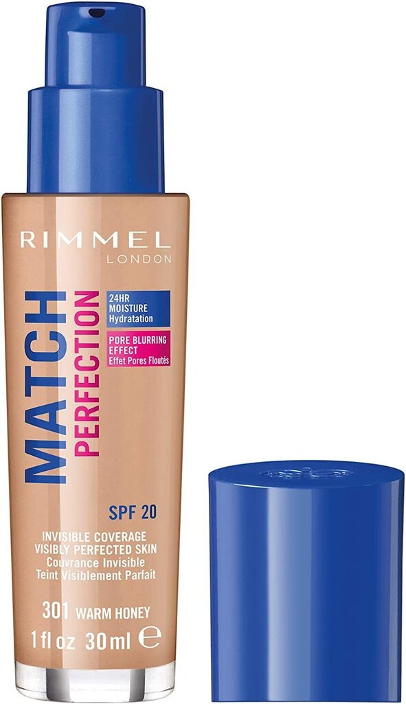 Jumestuskreem Rimmel London Match Perfection SPF20, 30 ml, 301 Warm Honey hind ja info | Jumestuskreemid ja puudrid | hansapost.ee