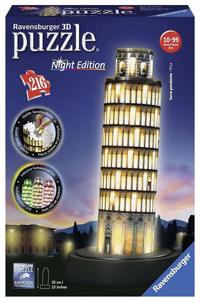 3 D valgustatud LED pusle Pisa torn, Ravensburger öö, 12515, 216 detaili hind ja info | Pusled lastele ja täiskasvanutele | hansapost.ee