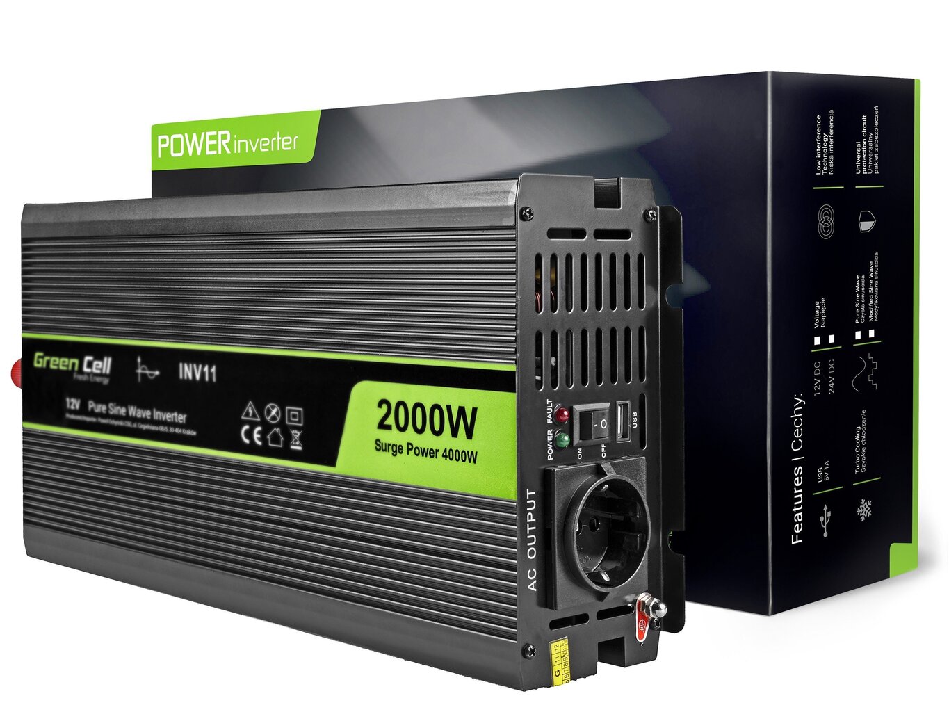 Green Cell Power Inverter 12V to 230V 2000W/4000W Pure sine wave цена и информация | Inverterid ja muundurid | hansapost.ee