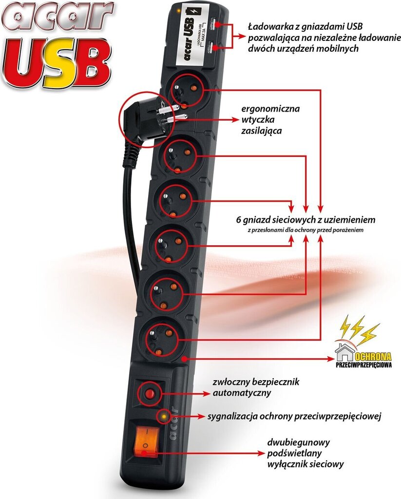 Pikendusjuhe Acar USB, 6 pesa, 3 m цена и информация | Pikendusjuhtmed | hansapost.ee