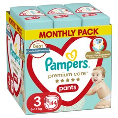 Подгузники-трусики PAMPERS Premium Care Pants Monthly Pack 3 размер, 6-11 кг, 144 шт. цена и информация | Пеленки | hansapost.ee