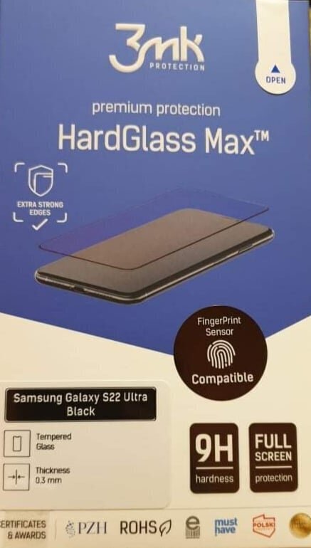 Karastatud kaitseklaas 3MK Hard Glass Max, Samsung S908 S22 Ultra 5G must, toetab ekraanil asuvat sõrmejälje lugejat hind ja info | Ekraani kaitseklaasid ja kaitsekiled | hansapost.ee