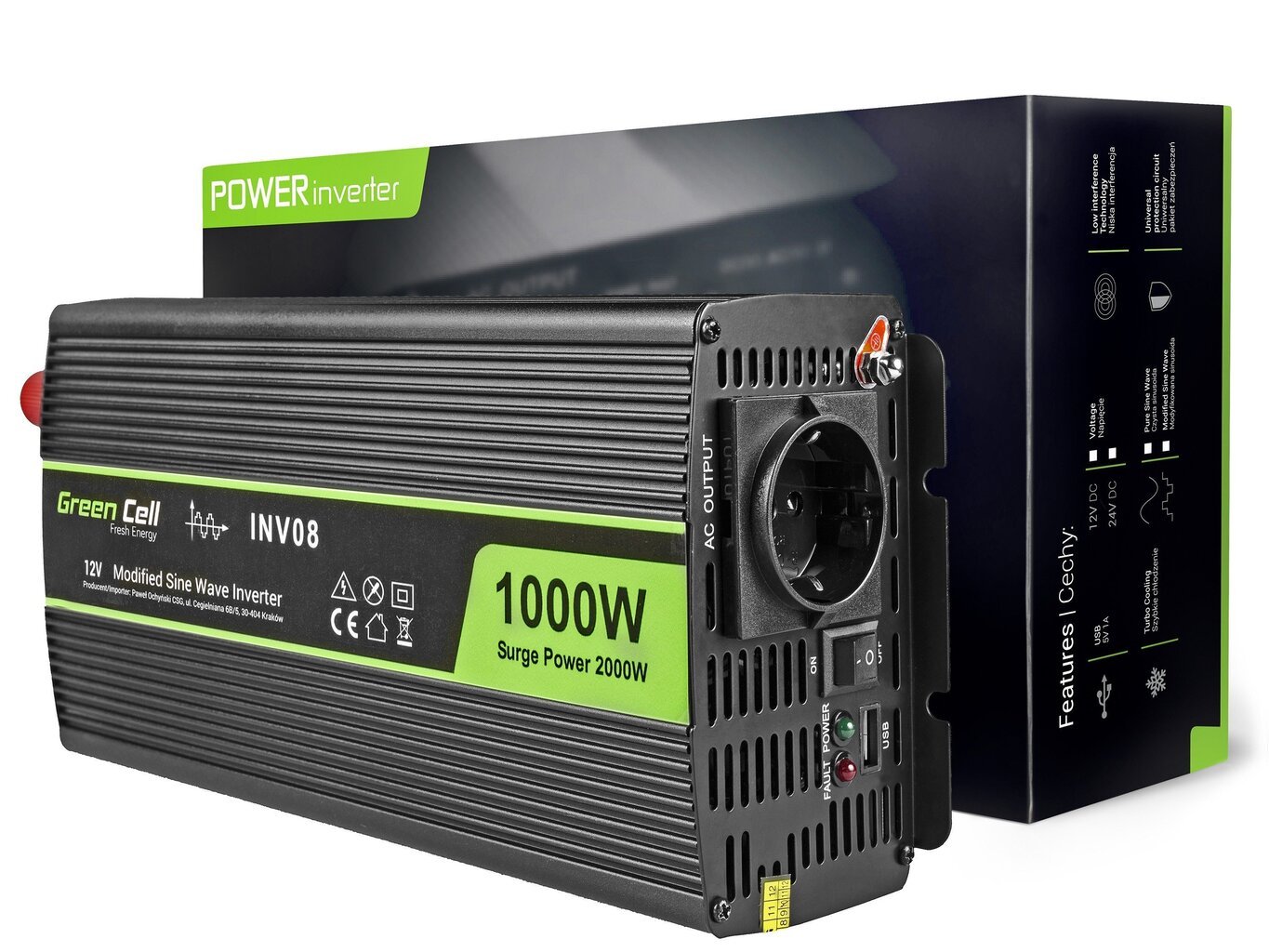 Green Cell inverter, pingemuundur 12 V kuni 230 V 1000W/2000W modifitseeritud siinuslaine цена и информация | Inverterid ja muundurid | hansapost.ee