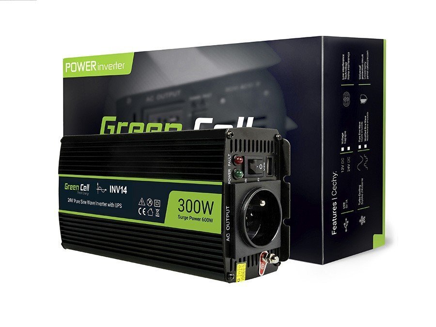 Green Cell Power Inverter 24V to 230V 300W/600W Pure sine wave цена и информация | Inverterid ja muundurid | hansapost.ee