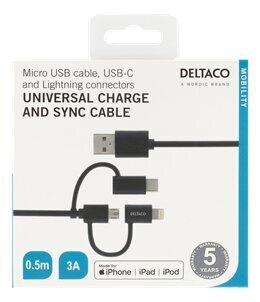 Deltaco IPLH-154, Micro USB, USB C, Lightning, 0.5m цена и информация | Mobiiltelefonide kaablid | hansapost.ee