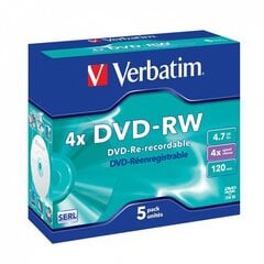 Verbatim DVD+RW, 4x, 4.7 ГБ, 5 шт. (43285) цена и информация | Виниловые пластинки, CD, DVD | hansapost.ee