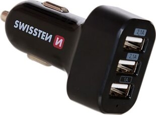 Автомобильная зарядка Swissten Triple премиум USB 2.1A + 2.1A + 1A, черная цена и информация | Зарядные устройства для телефонов | hansapost.ee