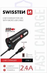Swissten Премиум Автомобильная зарядка USB + 2.4A + кабель Micro USB  60 cm Черная цена и информация | Зарядные устройства для телефонов | hansapost.ee