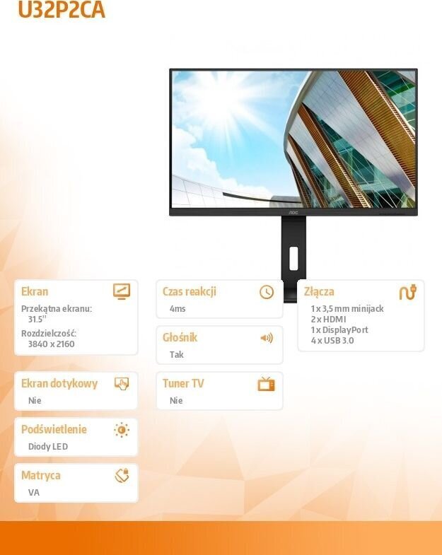 32" UHD monitor AOC U32P2CA цена и информация | Monitorid | hansapost.ee