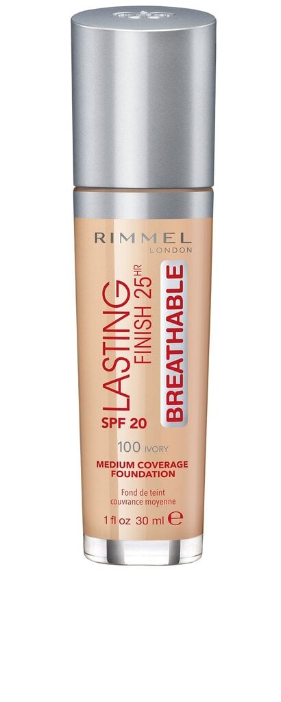 Jumestuskreem Rimmel 25HR Breathable SPF20 30 ml, 100 Ivory hind ja info | Jumestuskreemid ja puudrid | hansapost.ee