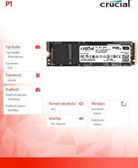 Crucial P1 500GB M.2 PCIe NVMe (CT500P1SSD8) цена и информация | Внутренние жёсткие диски (HDD, SSD, Hybrid) | hansapost.ee