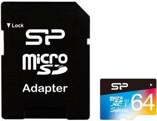 Silicon Power карта памяти microSDXC 64GB Superior UHS-I U1 + адаптер цена и информация | Карты памяти для телефонов | hansapost.ee