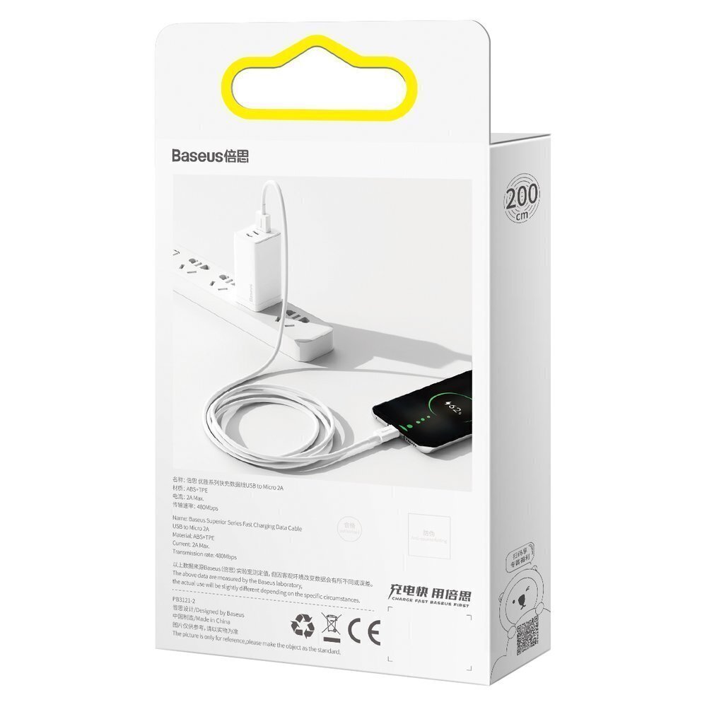 Kaabel Baseus USB - micro USB, 2m BSU2825WHT hind ja info | Mobiiltelefonide kaablid | hansapost.ee