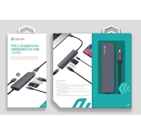 Adapter Devia Leopard 5in1 USB Type-C/ 3xUSB 3.0/ PD /SD Kaardilugeja hind ja info | USB adapterid ja jagajad | hansapost.ee