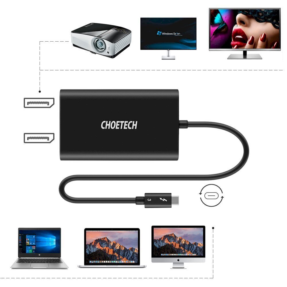 Choetech plug adapter USB Type C Thunderbolt 3 (40Gbps) - 2x DisplayPort 4K 60Hz black (HUB-D03) цена и информация | USB adapterid ja jagajad | hansapost.ee
