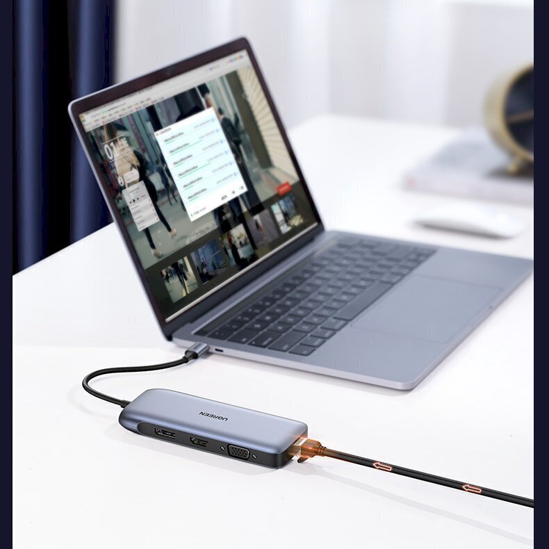 Ugreen multi-functional HUB 9in1 USB Type C - HDMI, DP, VGA, 2 x USB, RJ45 Ethernet, SD / TF card reader, USB Type C PD 100W gray (CM274) hind ja info | USB adapterid ja jagajad | hansapost.ee