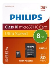 Philips MICROSDHC 8GB CLASS 10/UHS 1 + ADAPTER цена и информация | Карты памяти | hansapost.ee