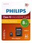 Philips MICROSDHC 8GB CLASS 10/UHS 1 + ADAPTER цена и информация | Mälukaardid mobiiltelefonidele | hansapost.ee