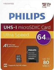 Philips MICROSDXC 64GB CLASS 10/UHS 1 + ADAPTER цена и информация | Карты памяти | hansapost.ee