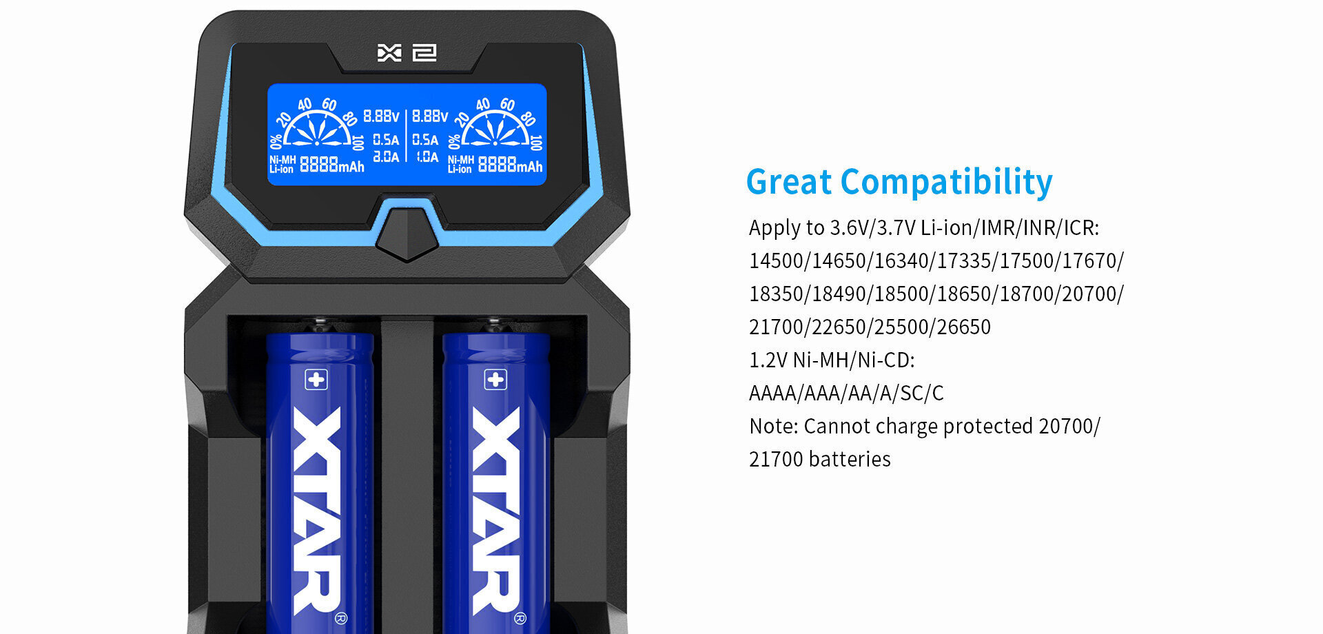 Akulaadija XTAR X2, Li -ion / Ni - MH kiirlaadimine LCD -ekraaniga, 2A цена и информация | Akupatareide laadijad | hansapost.ee