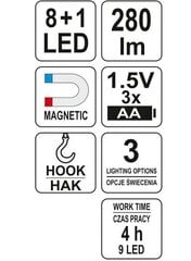 Töökoja lamp 8 + 1 LED magnetiga YT-08513 YATO hind ja info | Taskulambid, pealambid ja prožektorid | hansapost.ee