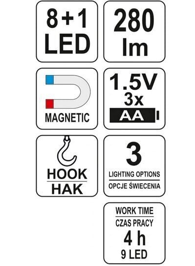 Töökoja lamp 8 + 1 LED magnetiga YT-08513 YATO цена и информация | Taskulambid, pealambid ja prožektorid | hansapost.ee