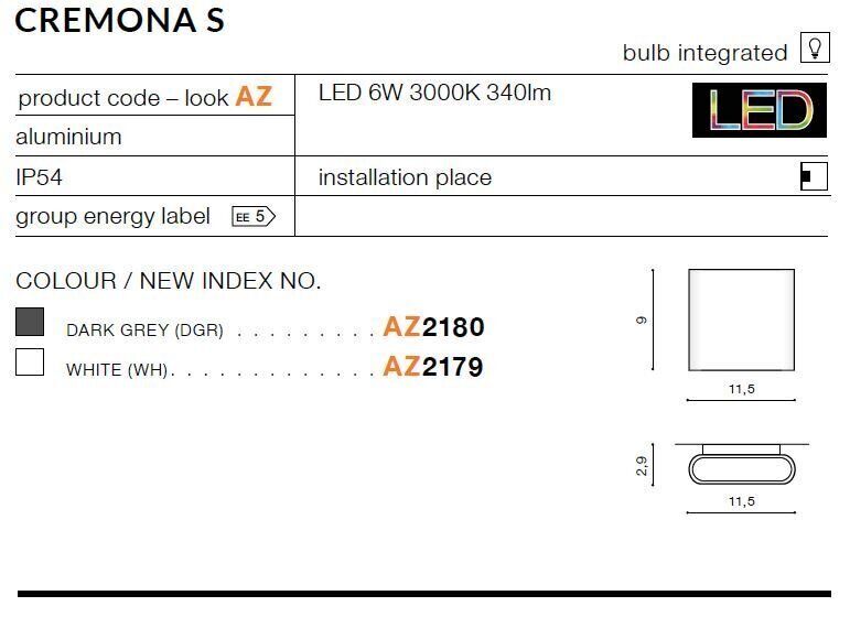 Azzardo seina välisvalgusti Cremona S AZ2180 hind ja info | Aiavalgustid ja õuevalgustid | hansapost.ee