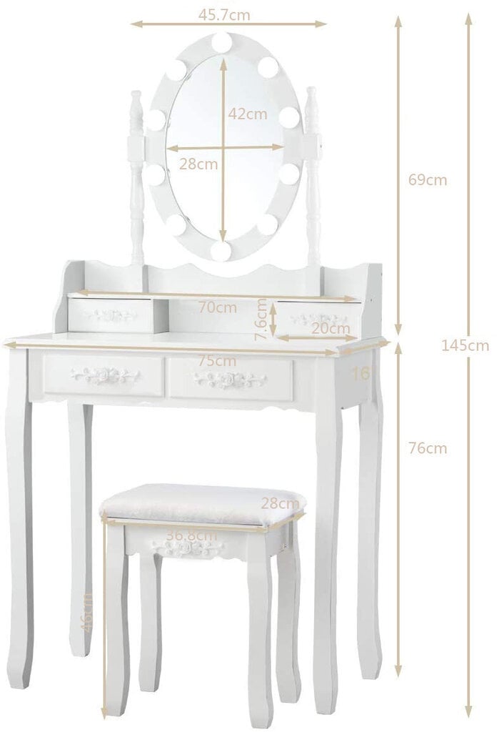 Kosmeetikalaud KS136 LED valgustuse ja pehme tooliga, valge цена и информация | Meigilauad | hansapost.ee
