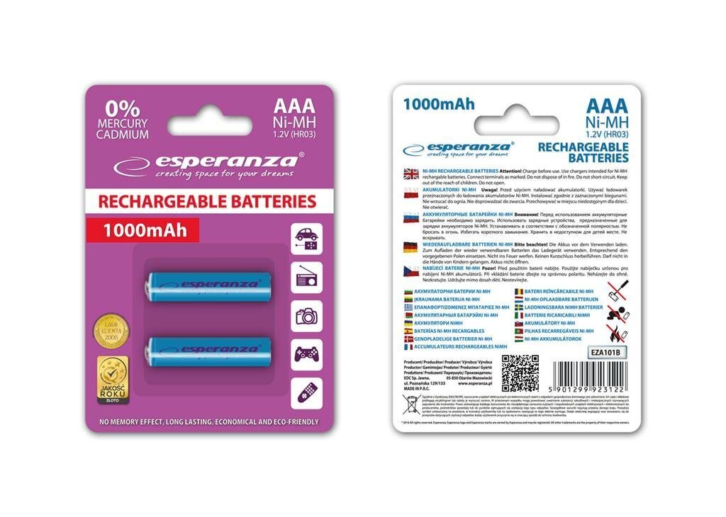 Laetav aku Esperanza EZA101B Ni-MH AAA 1000MAH 2PCS. hind ja info | Patareid | hansapost.ee