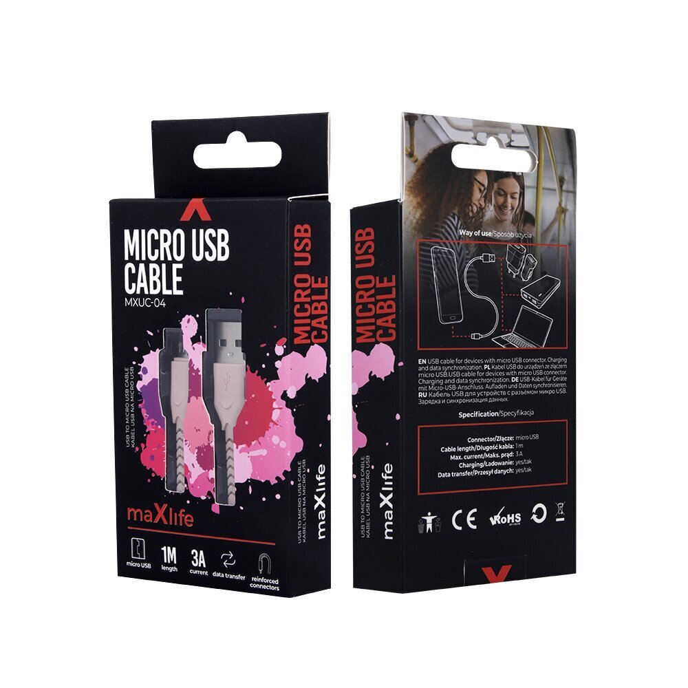 Maxlife MXUC-04 kaabel USB - microUSB 1,0 m 3A, roosa hind ja info | Mobiiltelefonide kaablid | hansapost.ee
