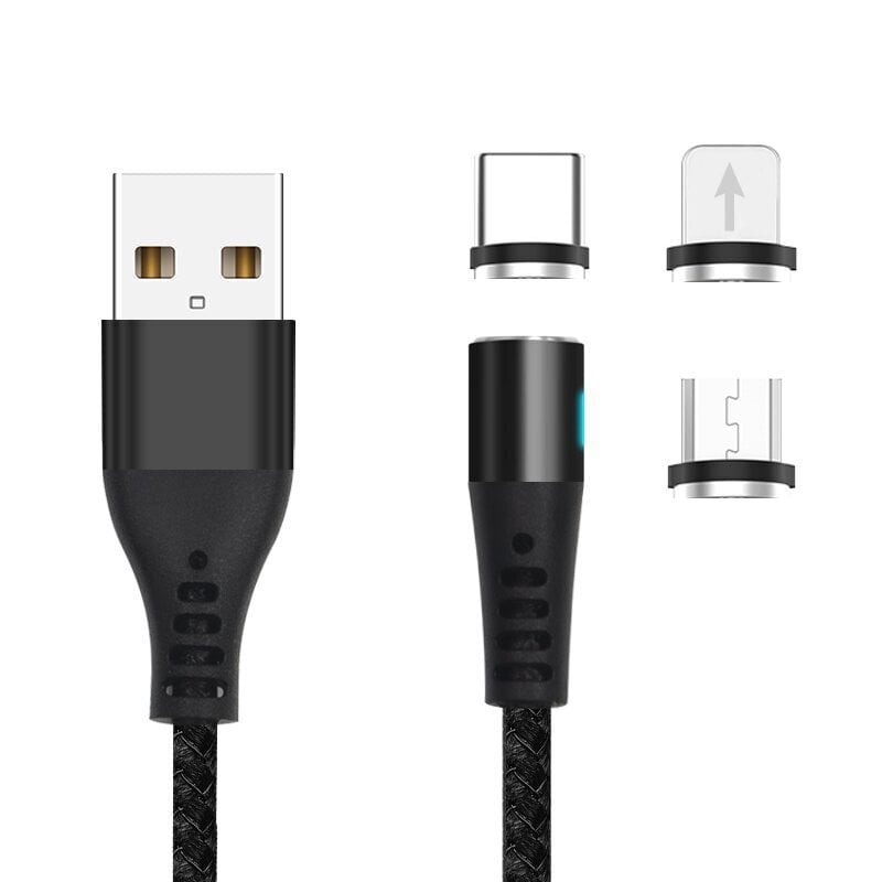 Maxlife MXUC-02 magnetkaabel USB - Lightning + USB-C + microUSB 1,0 m 2A, must nailon hind ja info | Mobiiltelefonide kaablid | hansapost.ee