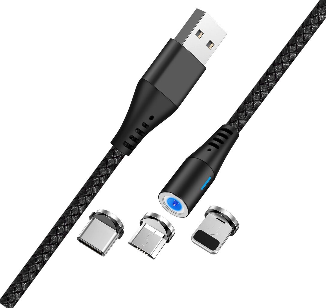 Maxlife MXUC-02 magnetkaabel USB - Lightning + USB-C + microUSB 1,0 m 2A, must nailon цена и информация | Mobiiltelefonide kaablid | hansapost.ee