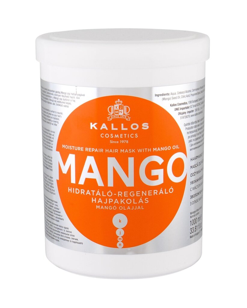 Niisutav juuksemask Kallos Cosmetics Mango 1000 ml hind ja info | Juuksemaskid, õlid ja seerumid | hansapost.ee