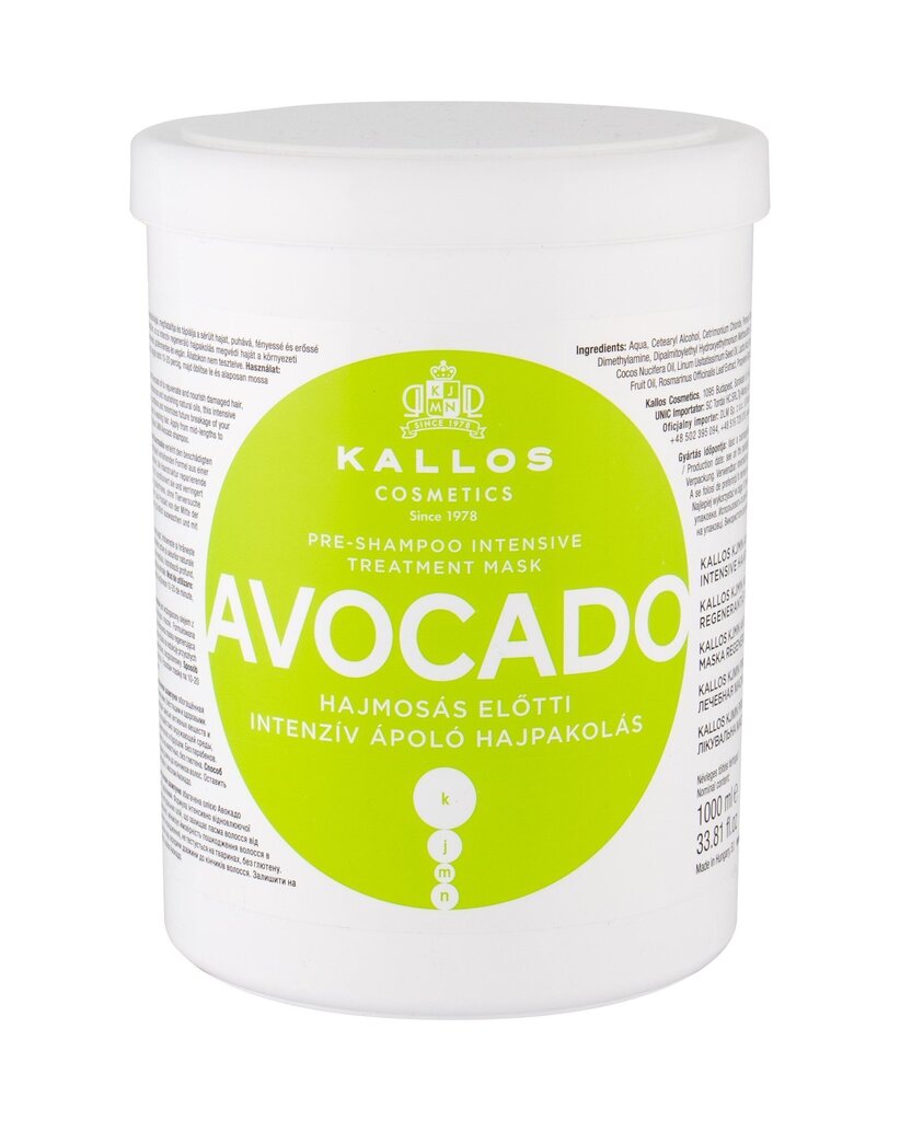 Taastav juuksemask Kallos Cosmetics Avocado 1000 ml hind ja info | Juuksemaskid, õlid ja seerumid | hansapost.ee