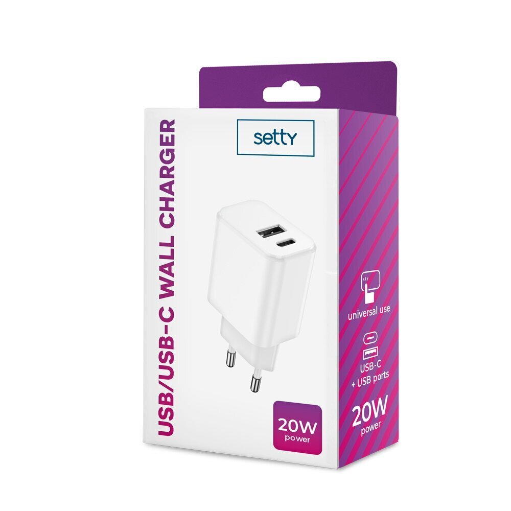 Setty charger 1x USB + USB-C 3A 20W white цена и информация | Laadijad mobiiltelefonidele | hansapost.ee