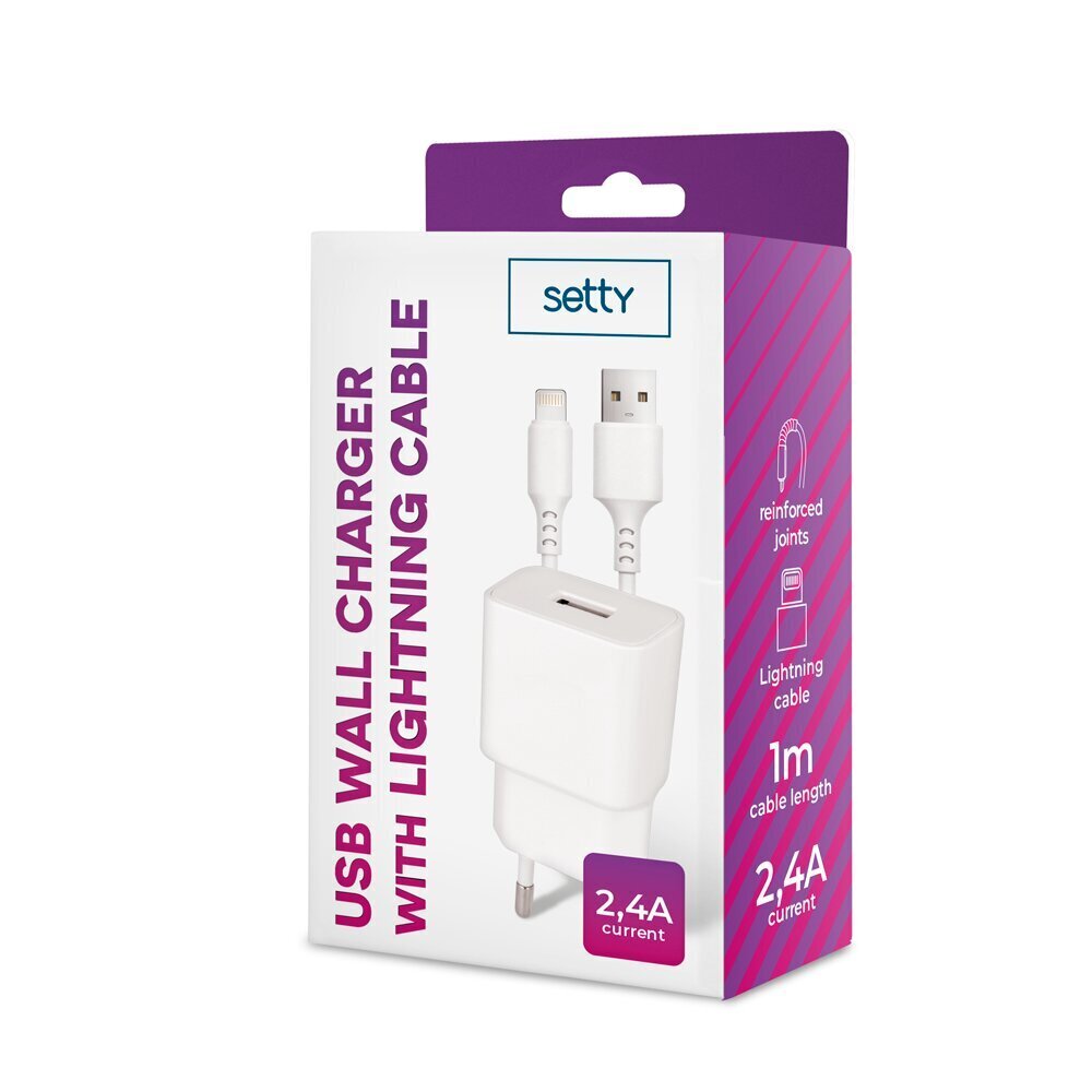 Setty charger 1x USB 2,4A white + Lightning cable 1,0 m NEW цена и информация | Laadijad mobiiltelefonidele | hansapost.ee