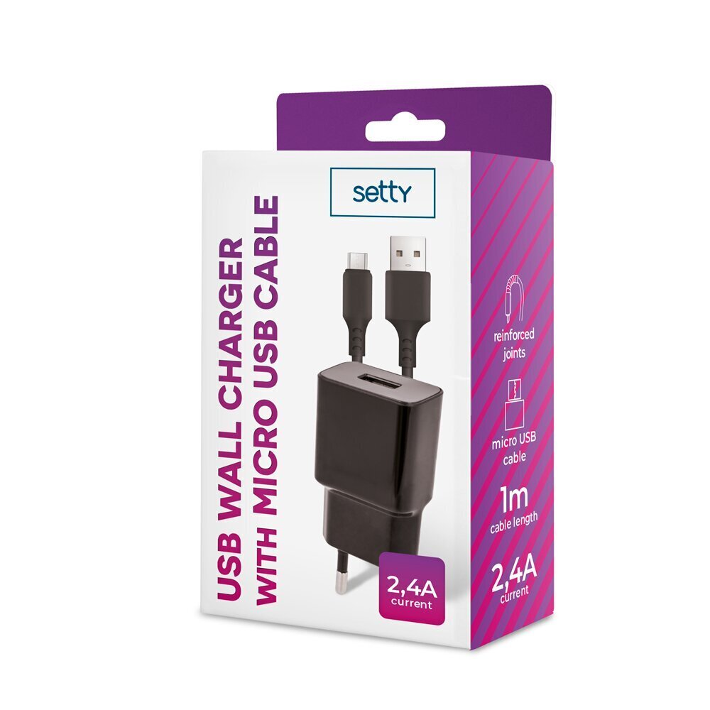 Setty charger 1x USB 2,4A black + microUSB cable 1,0 m NEW цена и информация | Laadijad mobiiltelefonidele | hansapost.ee