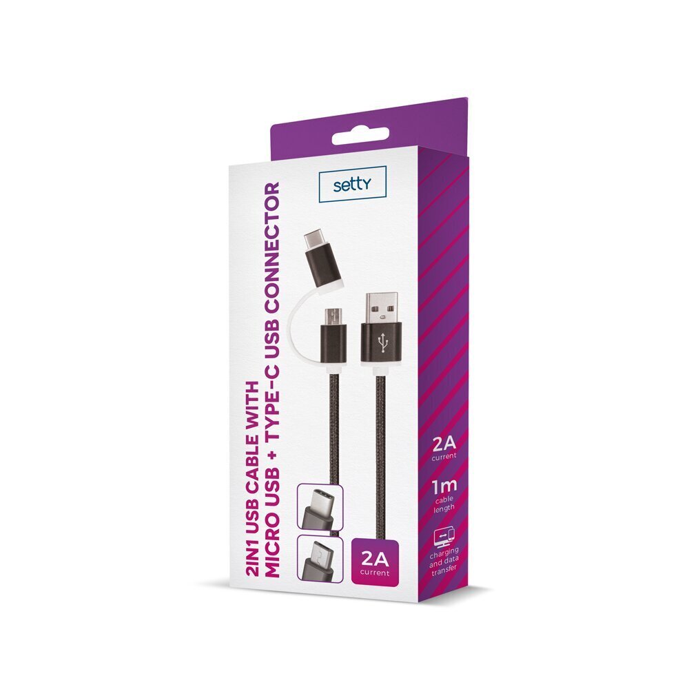 Setty 2in1 cable USB - microUSB + USB-C black nylon hind ja info | Mobiiltelefonide kaablid | hansapost.ee