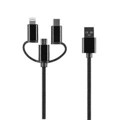 Setty 3in1 cable USB - Lightning + USB-C + microUSB 1,0 m 2A black nylon DT hind ja info | Mobiiltelefonide kaablid | hansapost.ee